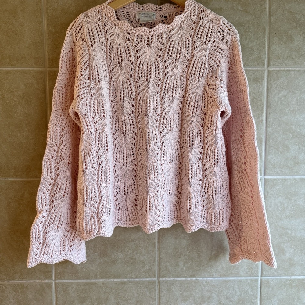Worthington Essentials Women's Pink Open Knit Crochet Sweater Sz M Cottage Cozy